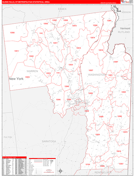 Glens Falls Metro Area Wall Map Red Line Style